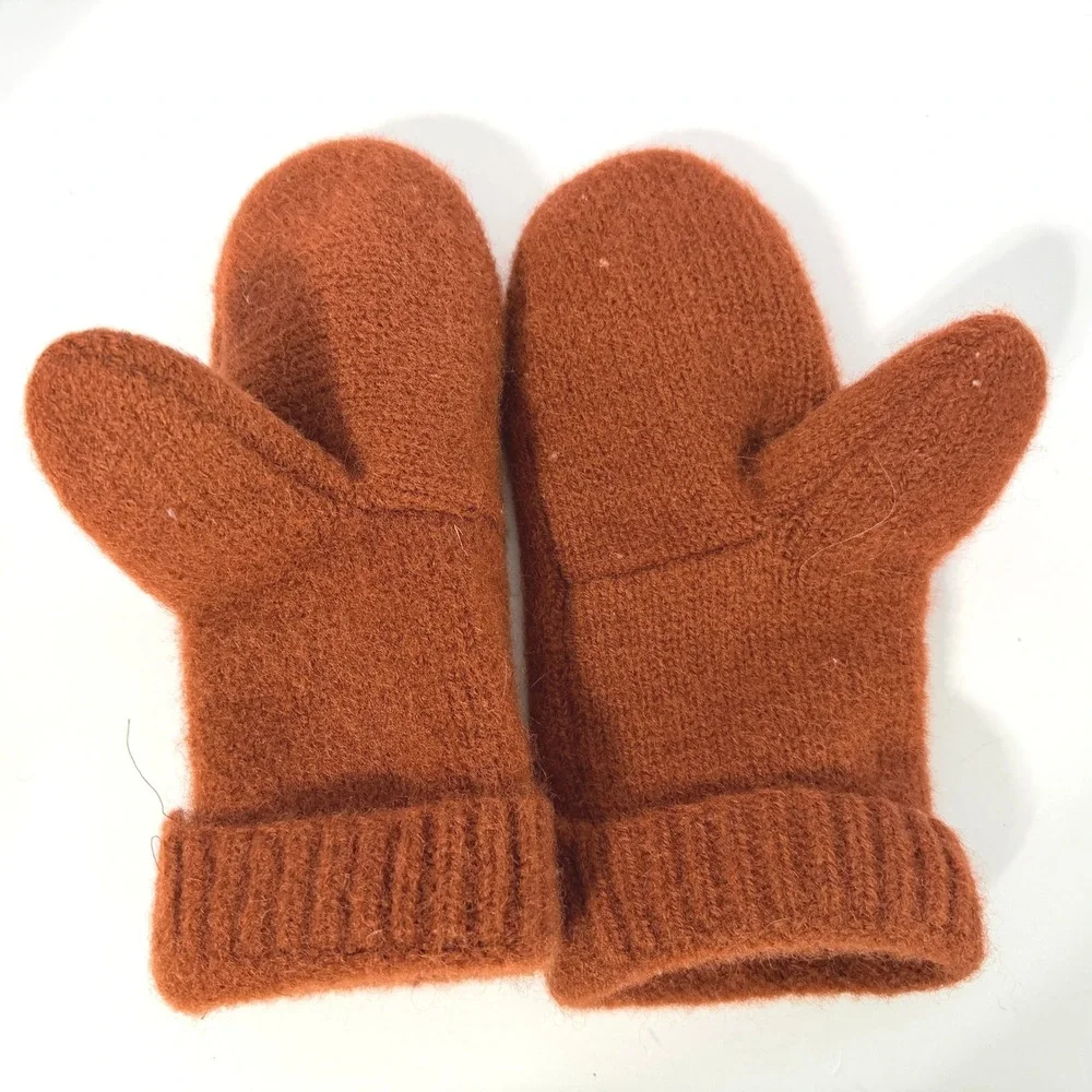 Handmade Rust Orange Knit Mittens Fuzzy Winter Warm Ribbed Cuff Women One Size